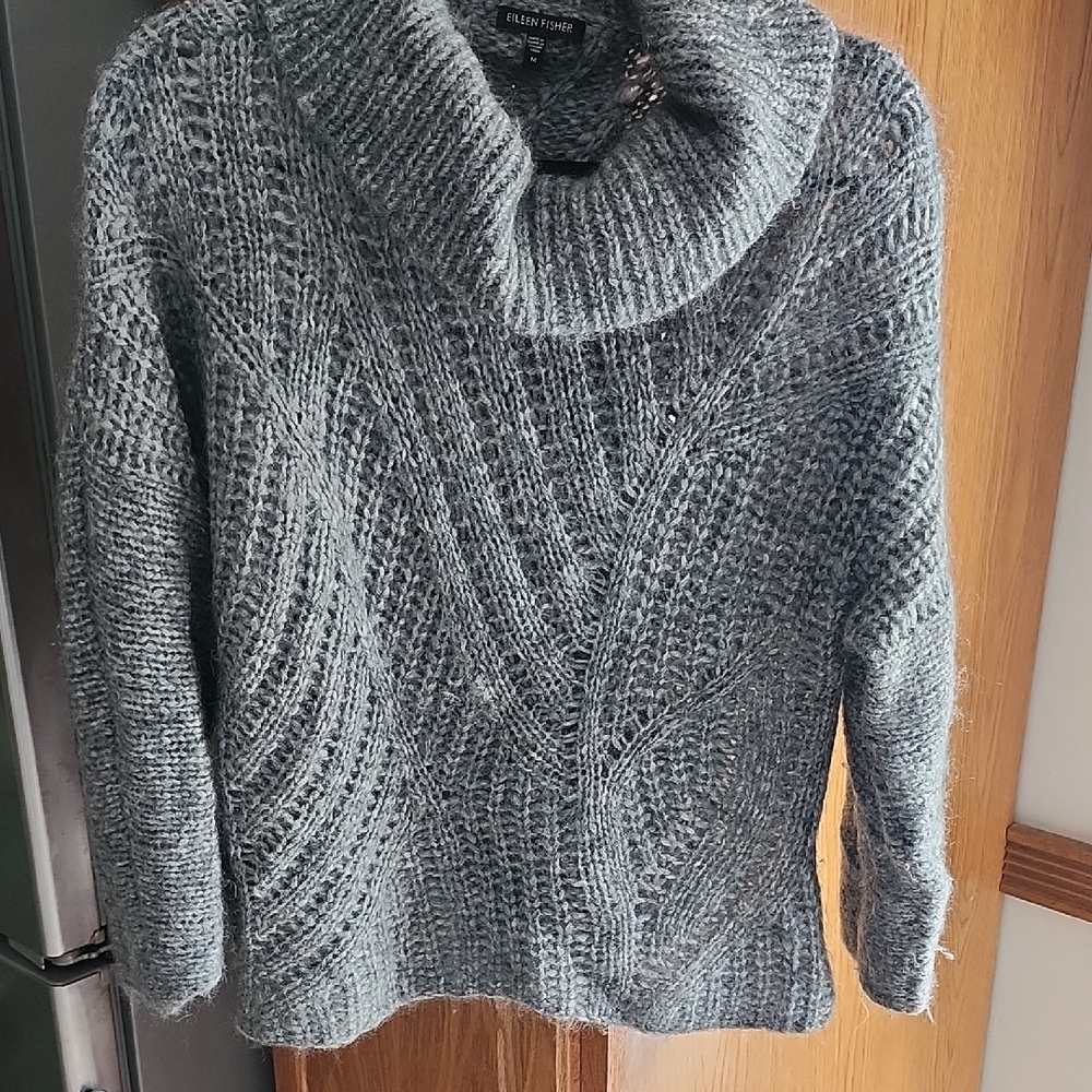 Eileen Fisher Mohair Textured Gray Cowl Neck Sweater Medium